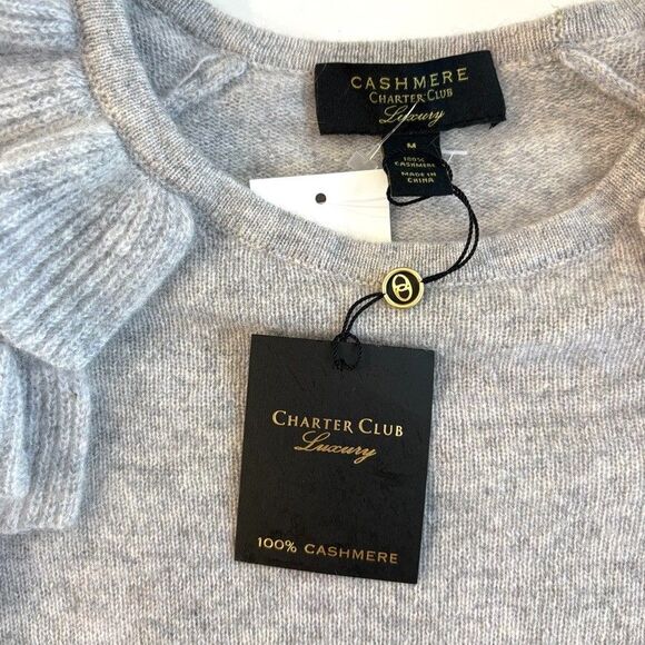 Charter Club Luxe 100% Cashmere Ruffled Crewneck Sweater Womens Size M Gray NWT - Picture 5 of 8
